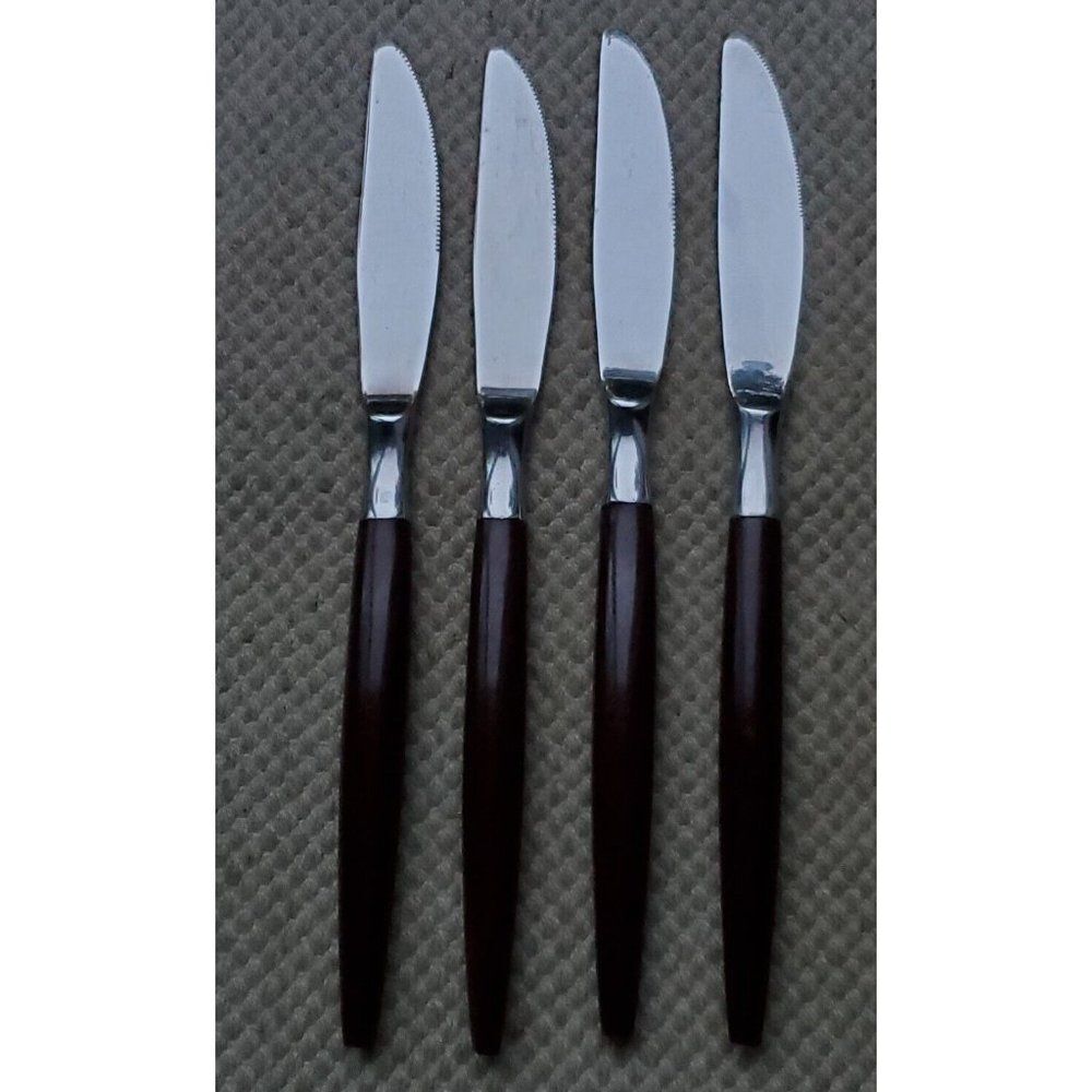 4 AMERICAN TEMPO Stainless Canoe Muffin Wood Flatware Dinner Butter Knife Knives